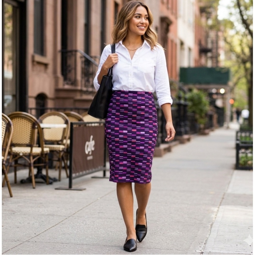 LuLaRoe Cassie Pencil Skirt Large Purple Pink Geometric Print‎ Stretch Midi L